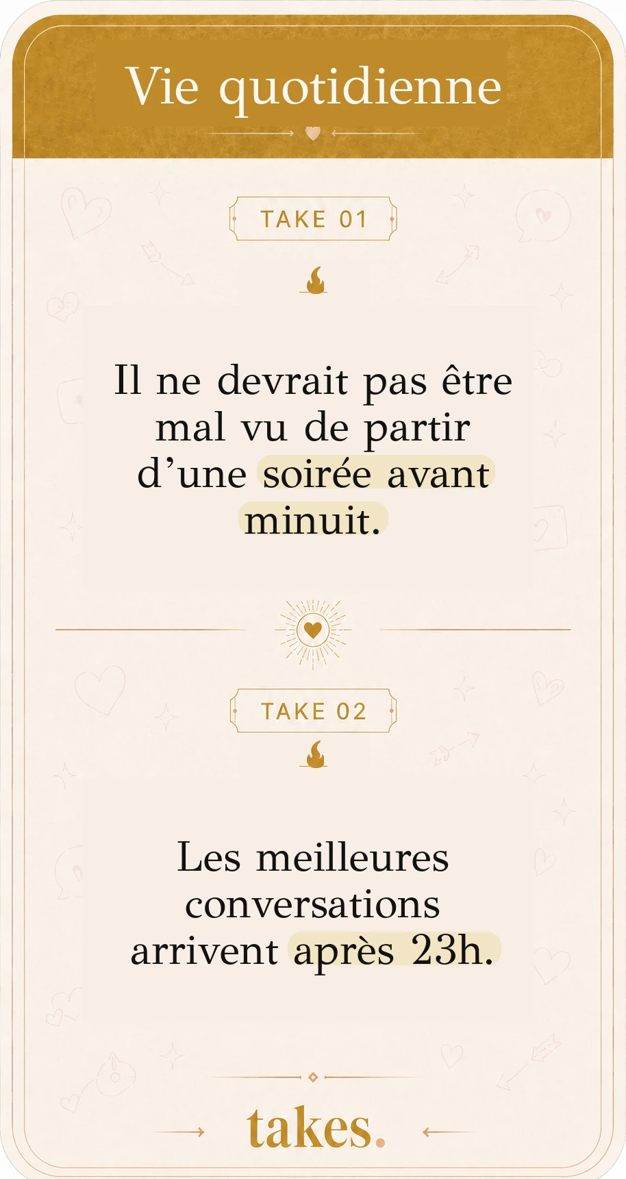 Carte Vie quotidienne comprenant la take « Les meilleures conversations arrivent après 23 h »