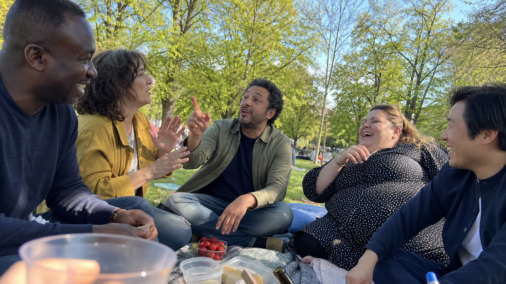 Cinq amis discutent et rient pendant un pique-nique dans un parc