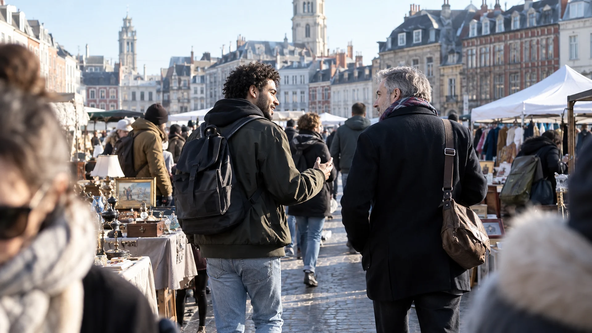 Deux amis d’âges différents discutent en marchant dans un marché aux puces