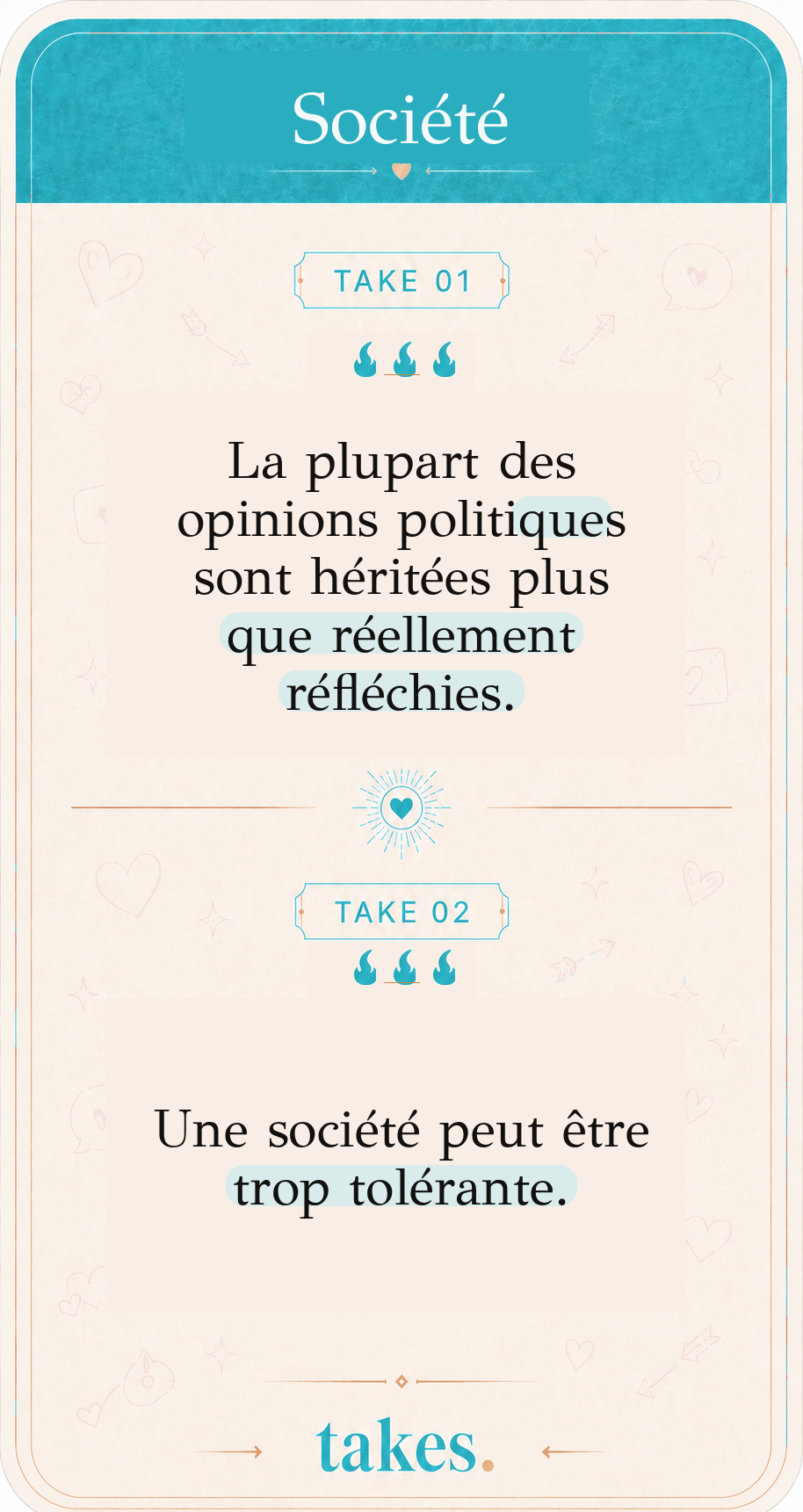 Carte Société portant notamment la take « La plupart des opinions politiques sont héritées plus que réellement réfléchies »
