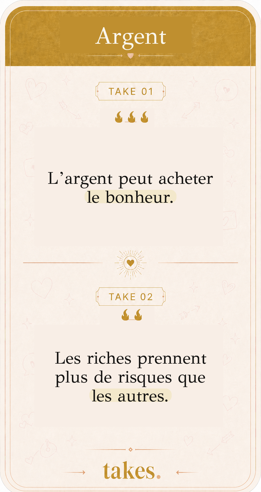 Carte Argent portant les takes « L’argent peut acheter le bonheur » et « Les riches prennent plus de risques que les autres »