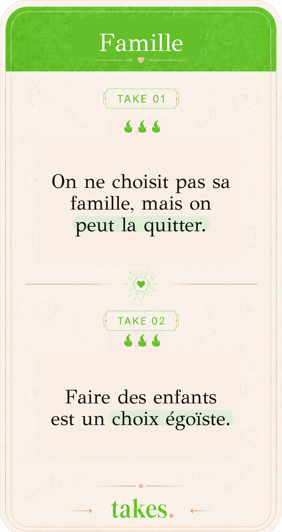 Carte Famille portant les takes « On ne choisit pas sa famille, mais on peut la quitter » et « Faire des enfants est un choix égoïste »