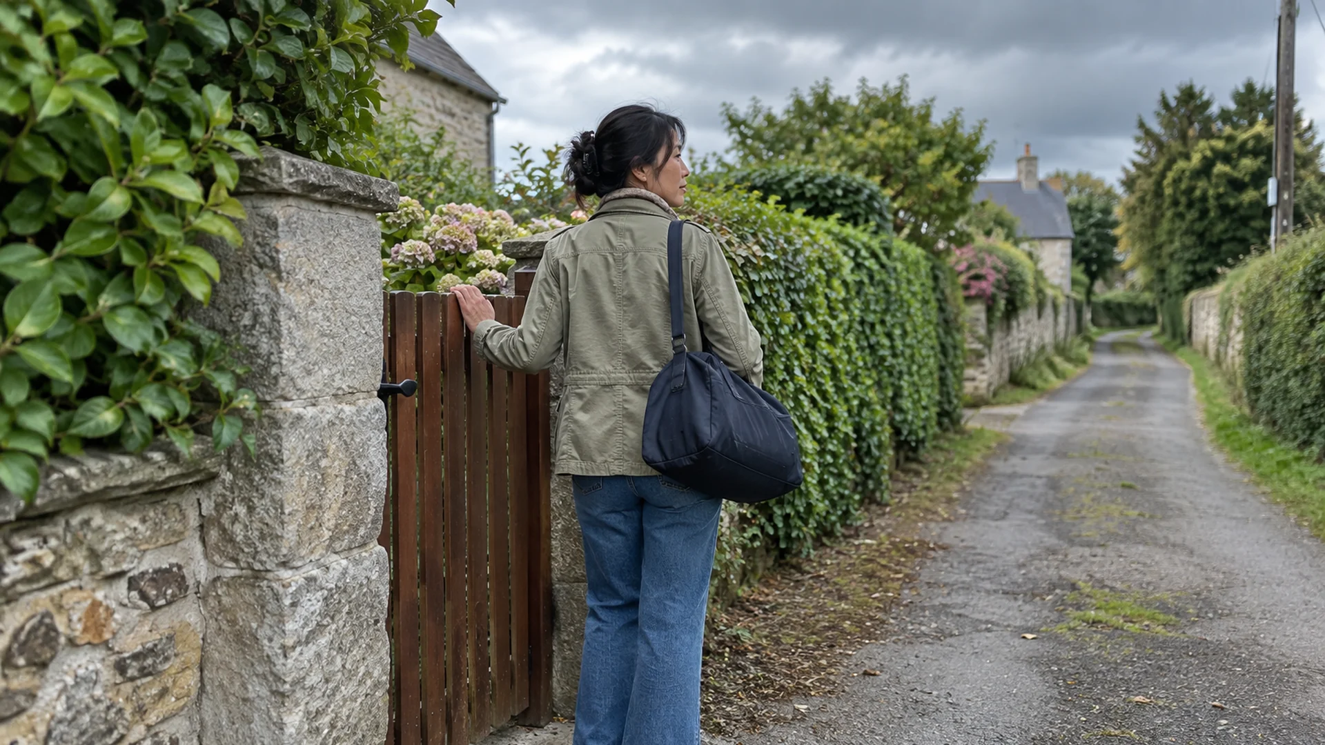 Une femme referme un portillon et repart seule avec un sac de voyage