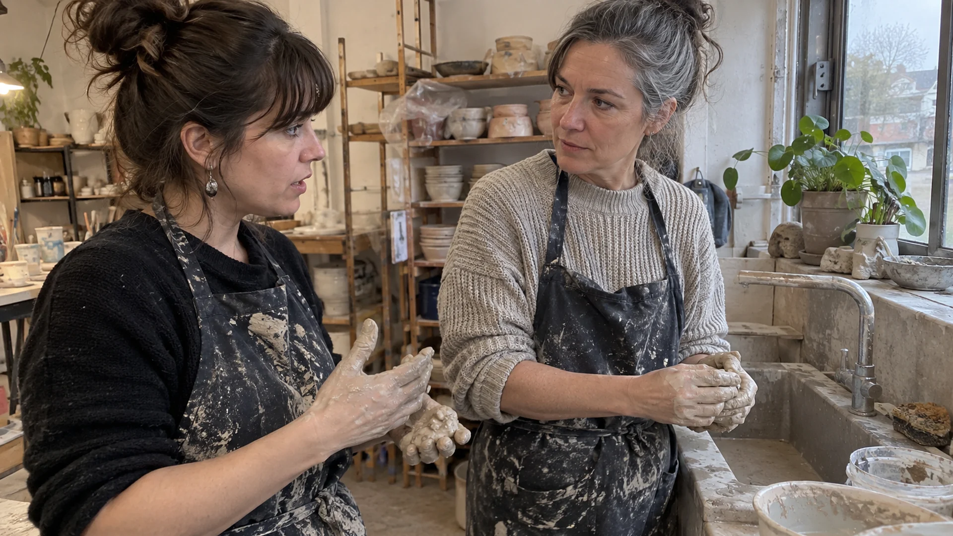 Deux amies discutent debout dans un atelier de céramique, les mains couvertes d’argile