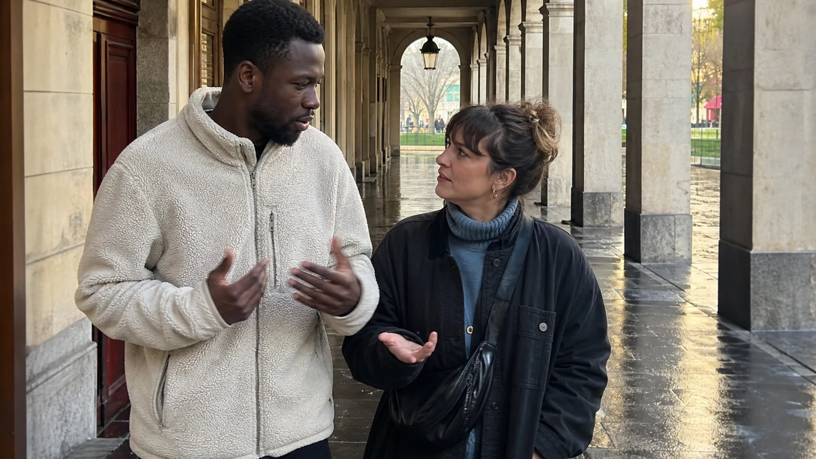Deux amis discutent debout sous les arcades d’une place après une averse
