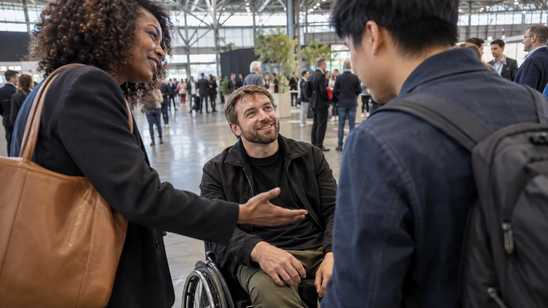 Trois professionnels se rencontrent spontanément dans le hall d’un salon