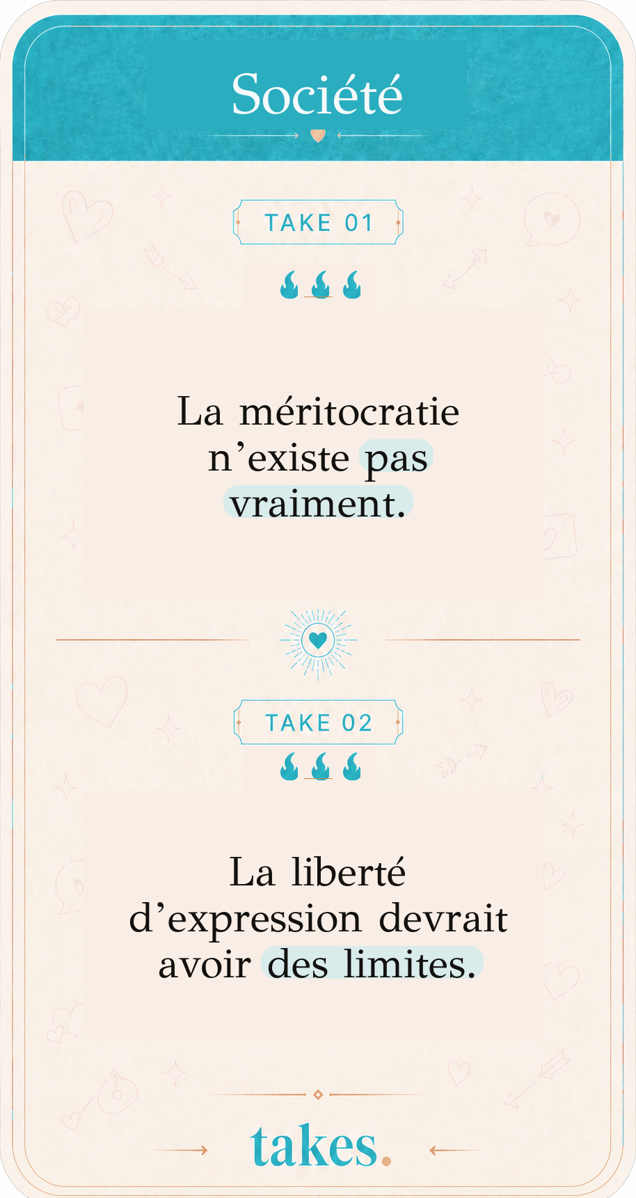 Carte Société portant les takes « La méritocratie n’existe pas vraiment » et « La liberté d’expression devrait avoir des limites »