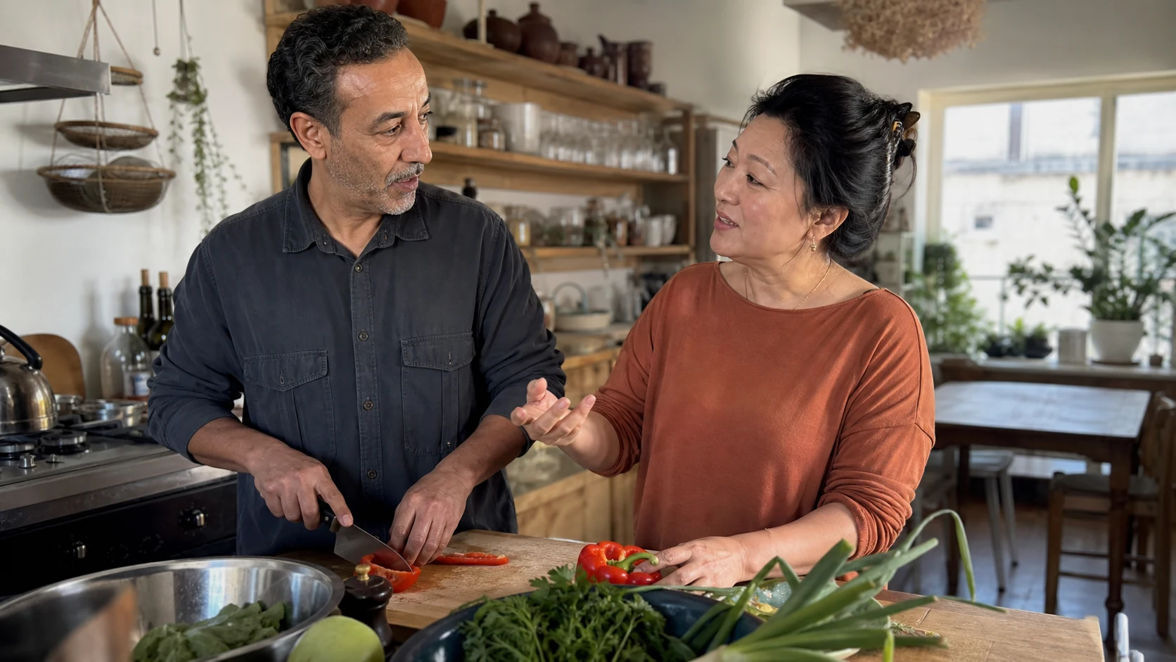 Un couple échange en préparant des légumes dans une cuisine ouverte