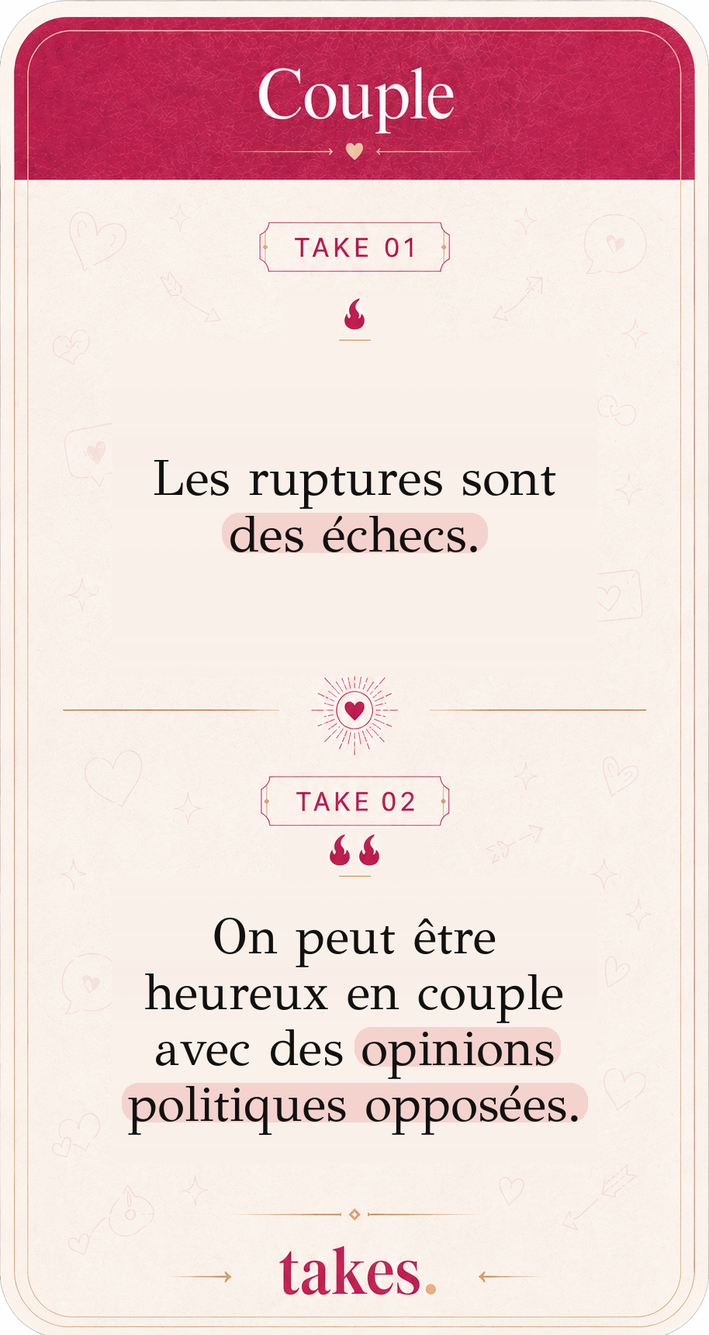 Carte Couple portant les takes « Les ruptures sont des échecs » et « On peut être heureux en couple avec des opinions politiques opposées »