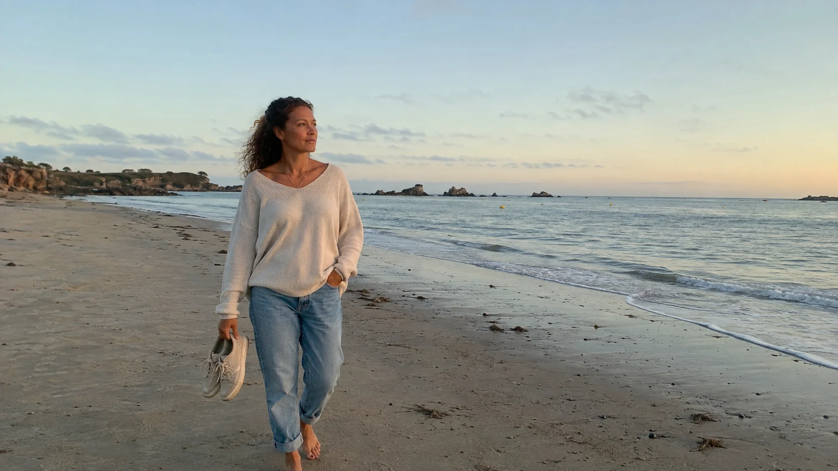 Une femme marche seule au bord de la mer au petit matin après une séparation