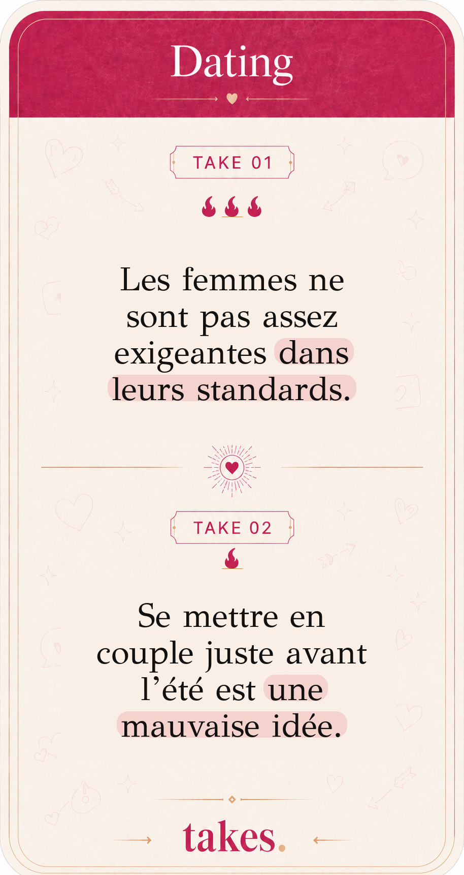 Carte Dating portant les takes sur les standards des femmes et le couple avant l’été