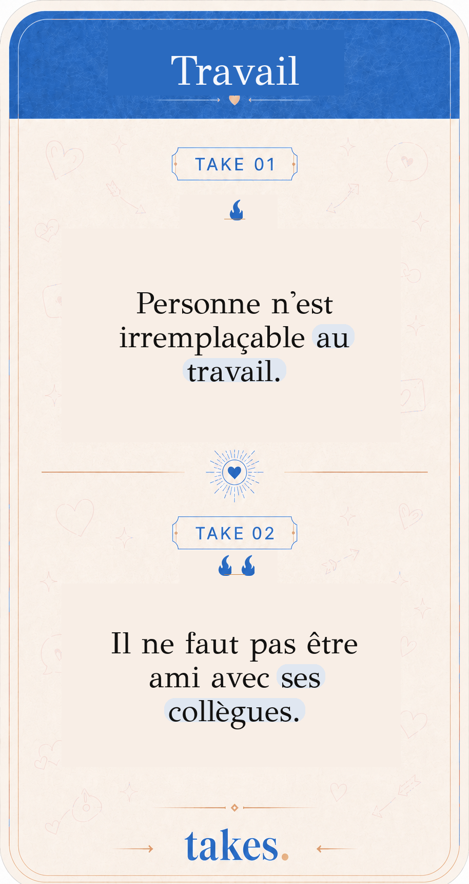 Carte Travail portant notamment la take « Il ne faut pas être ami avec ses collègues »